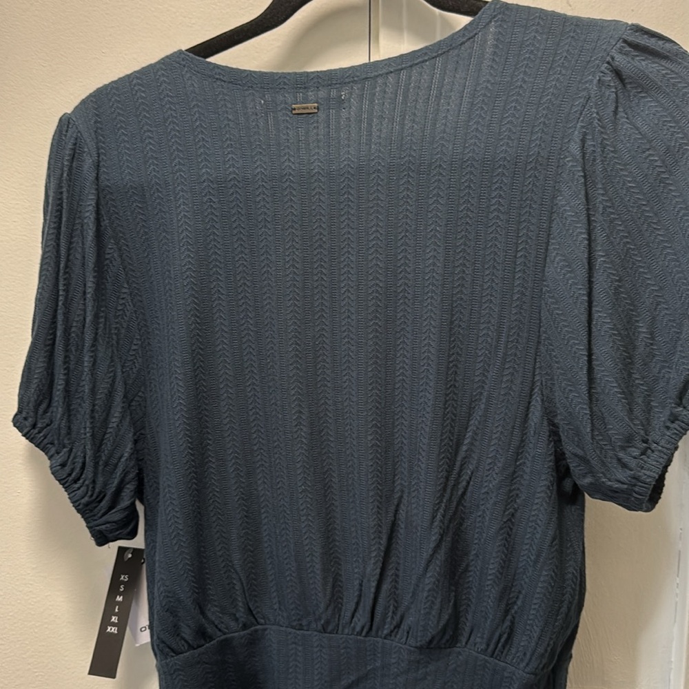 O'Neill Blue Wrap Tie Front Short Sleeve Blouse - Picture 3 of 4